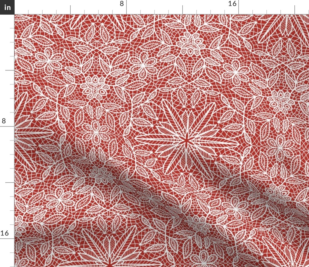 White Hexagon Floral Mock Lace on Red