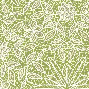 White Hexagon Floral Mock Lace on Sage Green
