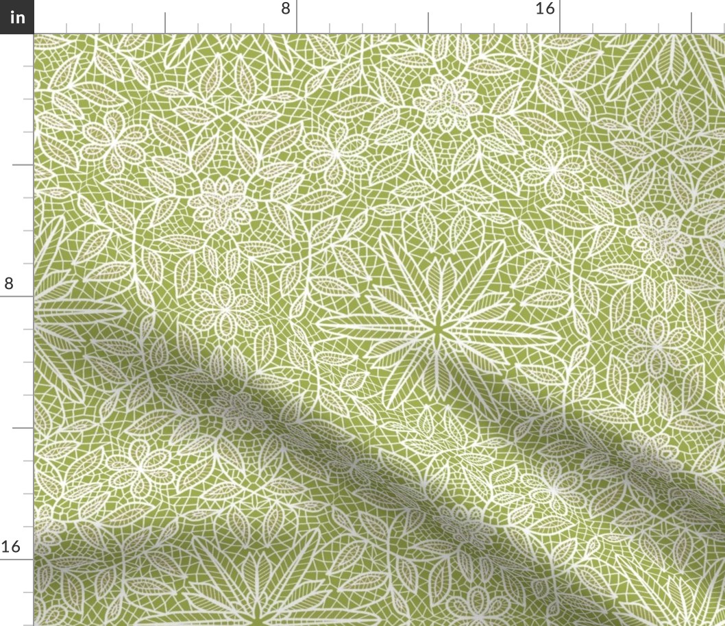 White Hexagon Floral Mock Lace on Sage Green