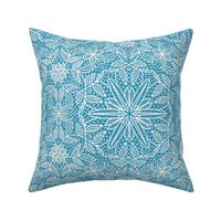 White Hexagon Floral Mock Lace on Turquoise Blue