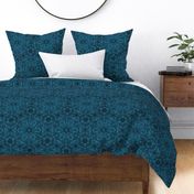 Black Hexagon Floral Mock Lace on Turquoise Blue