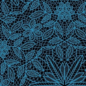 Turquoise Blue Hexagon Floral Mock Lace on Black