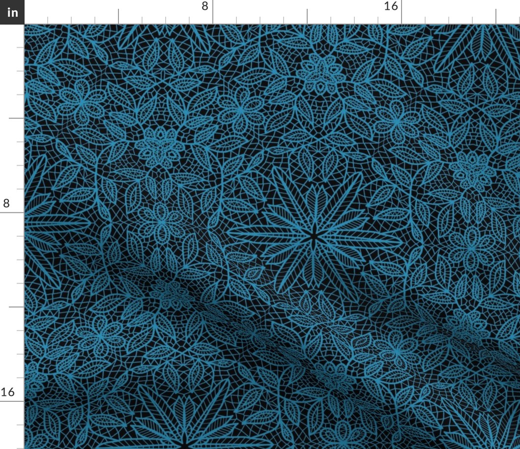 Turquoise Blue Hexagon Floral Mock Lace on Black