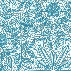 Turquoise BlueHexagon Floral Mock Lace on White