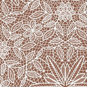 White Hexagon Floral Mock Lace on Brown