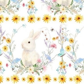 Spring Easter Bunny Rabbit Wildflowers Floral Watercolor Sunflower WHITE Pink Blue Yellow LG