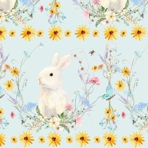Spring Easter Bunny Rabbit Wildflowers Floral Watercolor Sunflower Pink BLUE Yellow LG