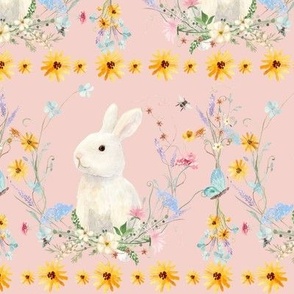 Spring Easter Bunny Rabbit Wildflowers Floral Watercolor Sunflower PINK Blue Yellow LG
