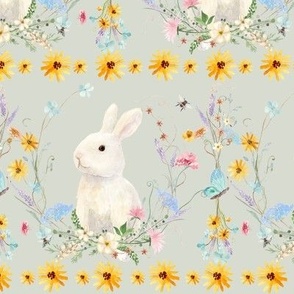 Spring Easter Bunny Rabbit Wildflowers Floral Watercolor Sunflower SAGE Blue Yellow LG