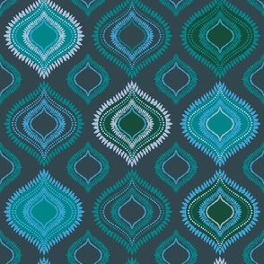 Abstract Feather Ogee Boho- Ultra-Steady Dark Blue and Green - Jumbo 24in