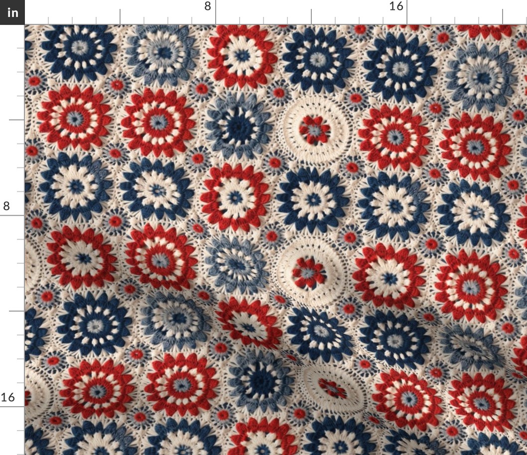 Red White Blue Crochet Fourth of July Patriotic Floral Rotated- Large Scale