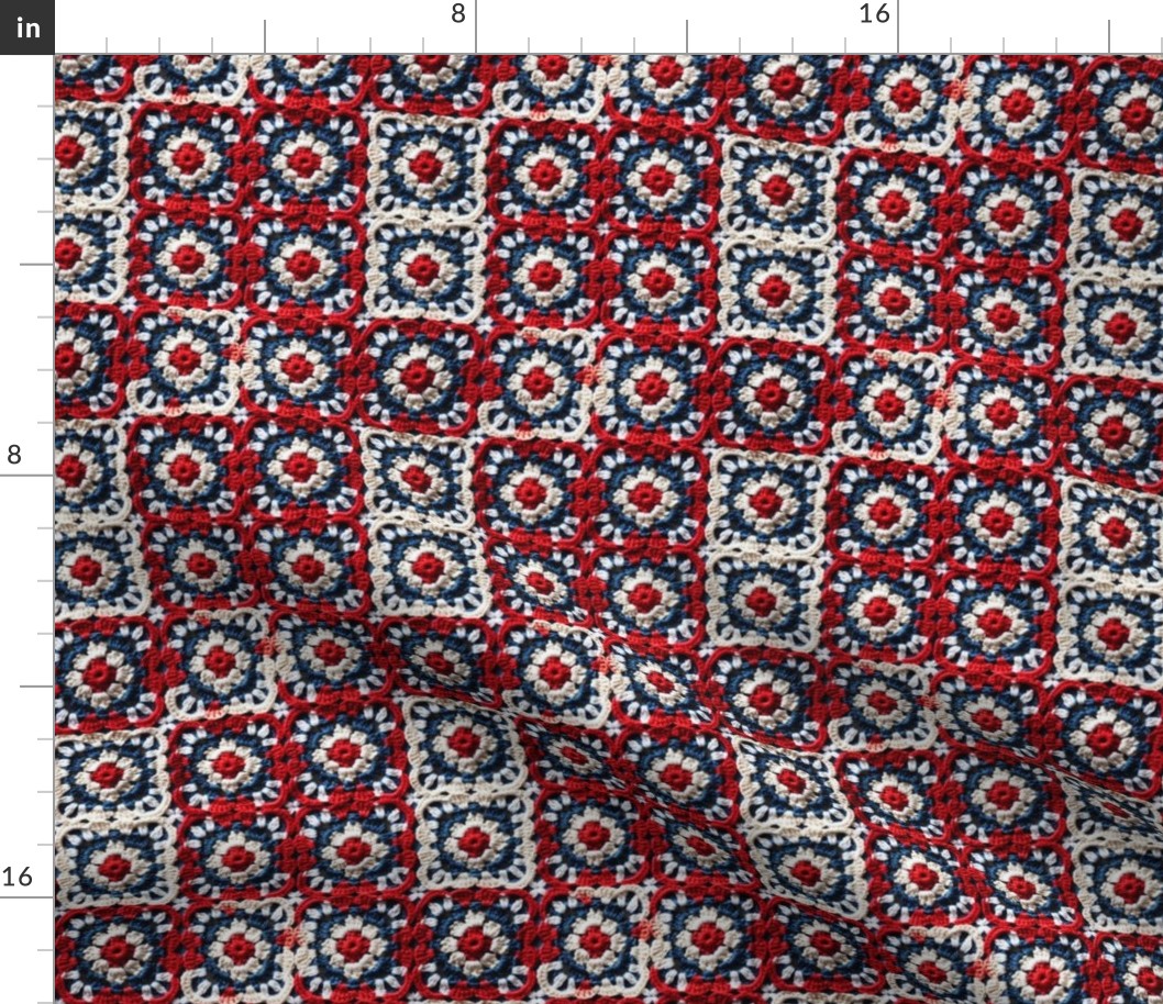 Red White Blue Patriotic Fourth of July Crochet Granny Square 1 Rotated - Large Scale