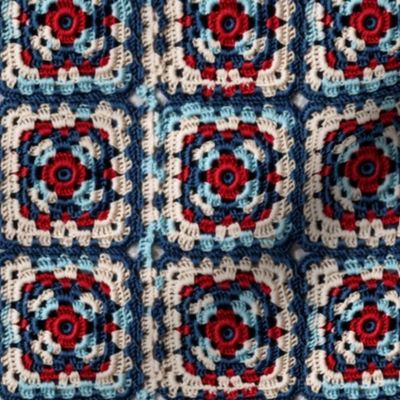 Fourth of July Patriotic Red White Blue Crochet Granny Square 4 Rotated- Large Scale