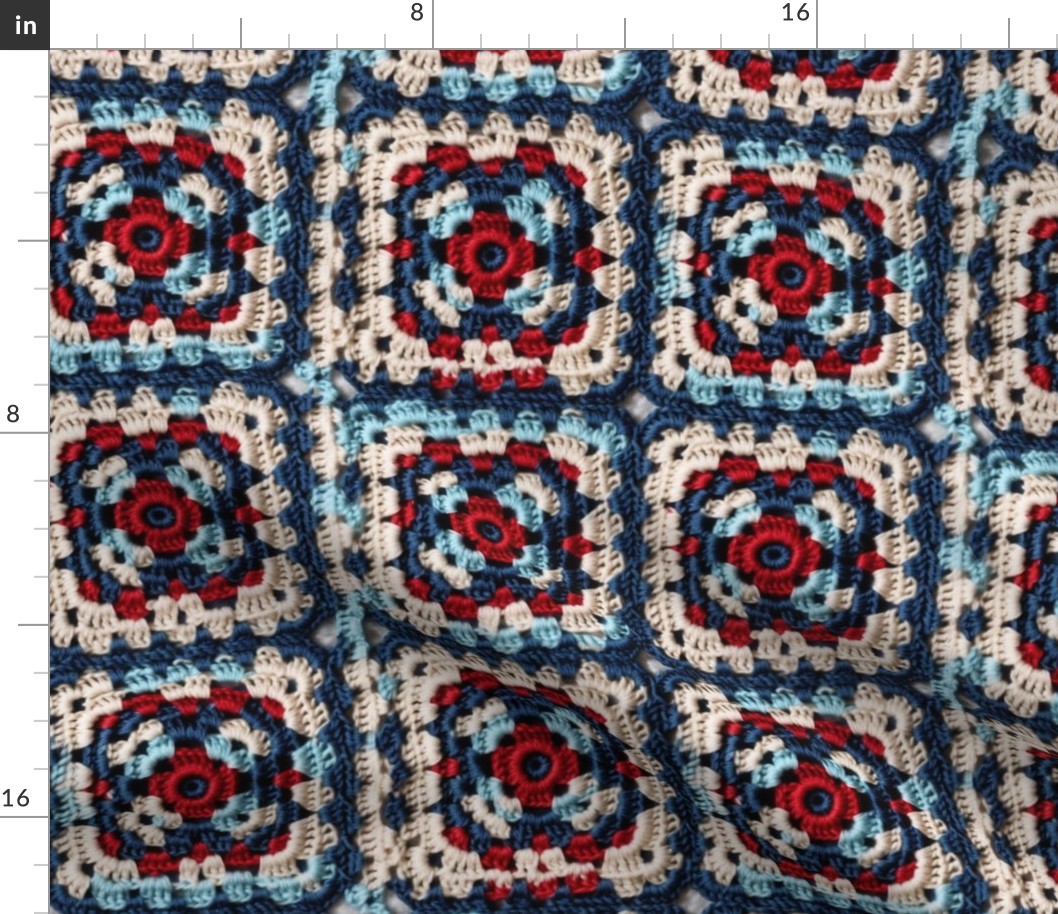Fourth of July Patriotic Red White Blue Crochet Granny Square 4 Rotated- XL Scale