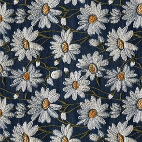 Embroidered White Daisies Floral on Dark Blue Linen Rotated - Large Scale