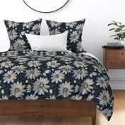 Embroidered White Daisies Floral on Dark Blue Linen Rotated - XL Scale