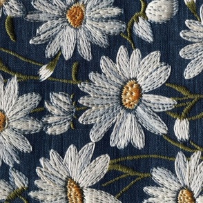 Embroidered White Daisies Floral on Dark Blue Linen Rotated - XL Scale