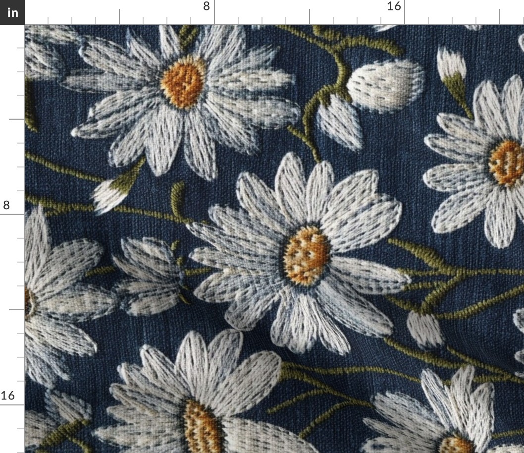 Embroidered White Daisies Floral on Dark Blue Linen Rotated - XL Scale