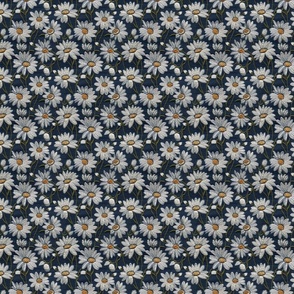 Embroidered White Daisies Floral on Dark Blue Linen - XS Scale