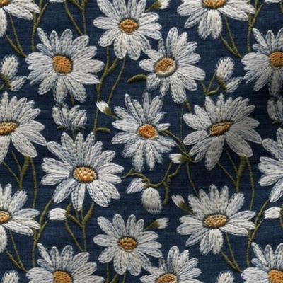 Embroidered White Daisies Floral on Dark Blue Linen - Small Scale