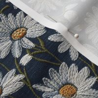 Embroidered White Daisies Floral on Dark Blue Linen - Small Scale