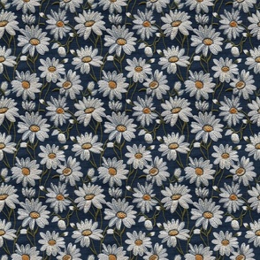 Embroidered White Daisies Floral on Dark Blue Linen - Small Scale