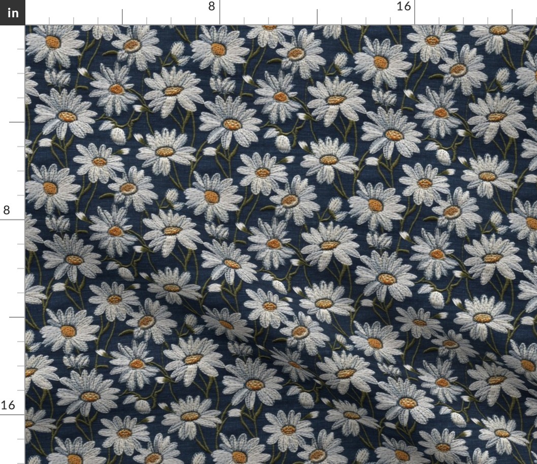 Embroidered White Daisies Floral on Dark Blue Linen - Small Scale