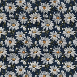 Embroidered White Daisies Floral on Dark Blue Linen - Medium Scale