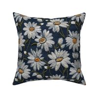 Embroidered White Daisies Floral on Dark Blue Linen - Large Scale