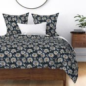 Embroidered White Daisies Floral on Dark Blue Linen - Large Scale