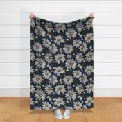 Embroidered White Daisies Floral on Dark Blue Linen - XL Scale