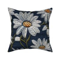 Embroidered White Daisies Floral on Dark Blue Linen - XL Scale