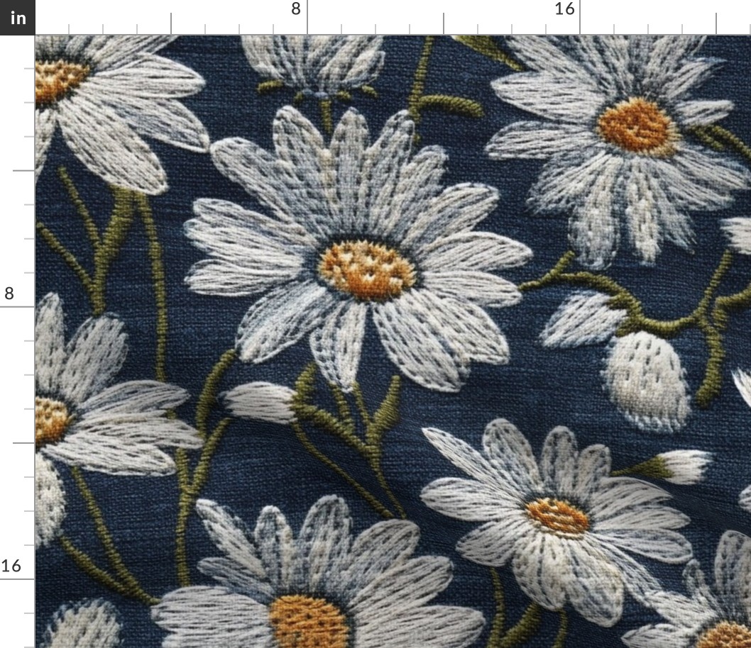 Embroidered White Daisies Floral on Dark Blue Linen - XL Scale