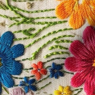 Bright Rainbow Floral Satin Stitch Faux Embroidery Cream Linen BG Rotated- XL Scale