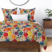Bright Rainbow Floral Satin Stitch Faux Embroidery Cream Linen BG Rotated- XL Scale
