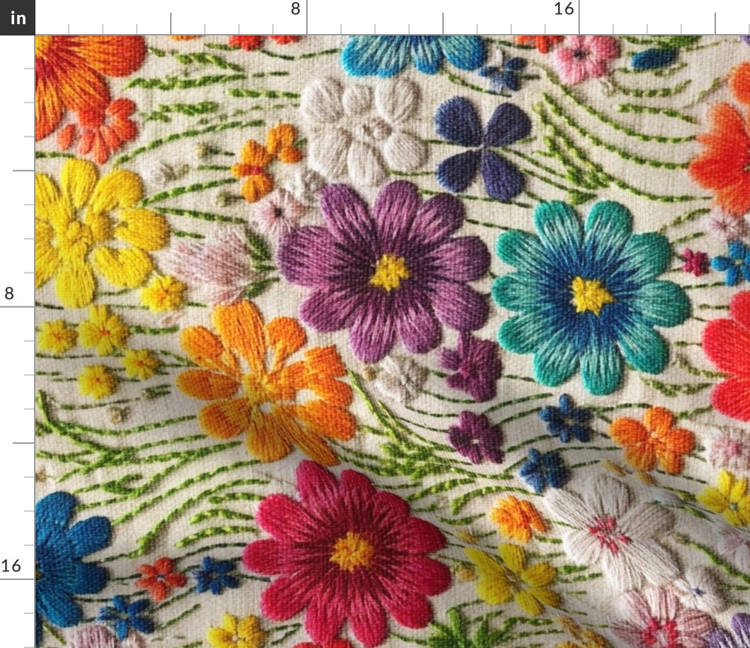 Bright Rainbow Floral Satin Stitch Faux Embroidery Cream Linen BG Rotated- XL Scale
