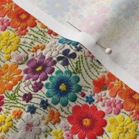 Bright Rainbow Floral Satin Stitch Faux Embroidery Cream Linen BG - XS Scale