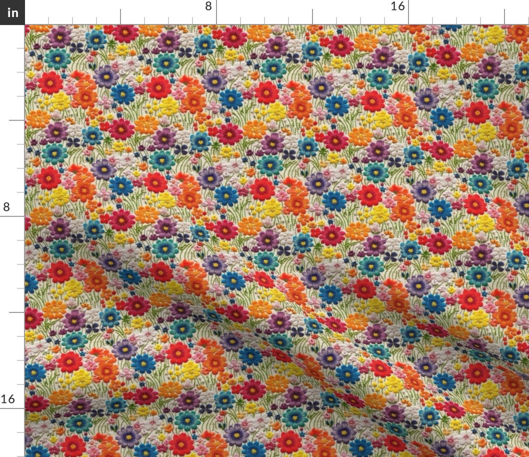 Bright Rainbow Floral Satin Stitch Faux Embroidery Cream Linen BG - XS Scale