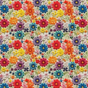Bright Rainbow Floral Satin Stitch Faux Embroidery Cream Linen BG - Medium Scale