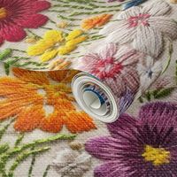 Bright Rainbow Floral Satin Stitch Faux Embroidery Cream Linen BG - XL Scale