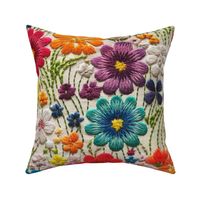 Bright Rainbow Floral Satin Stitch Faux Embroidery Cream Linen BG - XL Scale