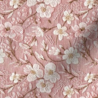 Pretty Pink and White Floral Faux Embroidery on Pink Linen BG Rotated- Large Scale