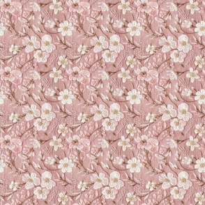 Pretty Pink and White Floral Faux Embroidery on Pink Linen BG Rotated- Large Scale