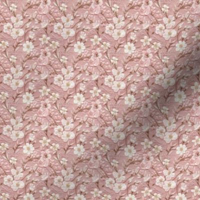 Pretty Pink and White Floral Faux Embroidery on Pink Linen BG - XS Scale