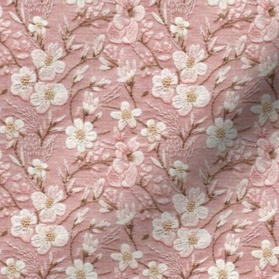 Pretty Pink and White Floral Faux Embroidery on Pink Linen BG - Medium Scale