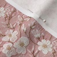 Pretty Pink and White Floral Faux Embroidery on Pink Linen BG - Medium Scale