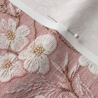 Pretty Pink and White Floral Faux Embroidery on Pink Linen BG - Large Scale