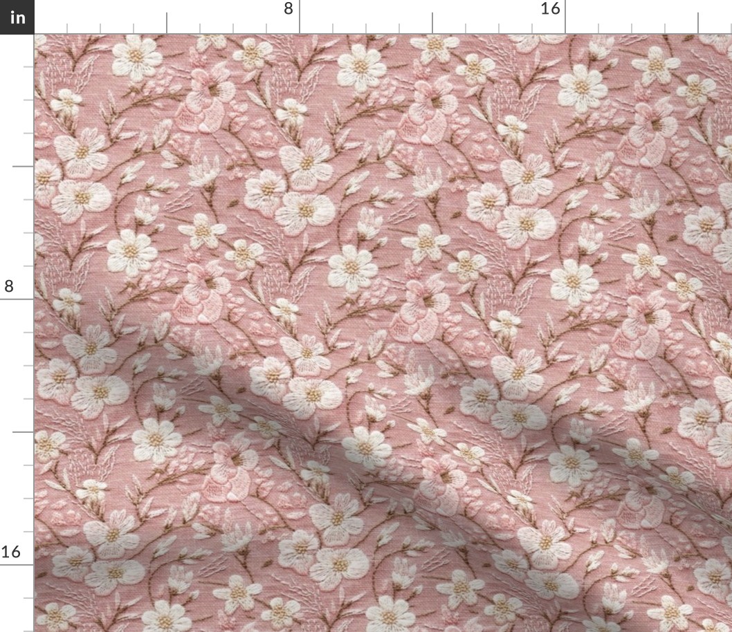 Pretty Pink and White Floral Faux Embroidery on Pink Linen BG - Large Scale