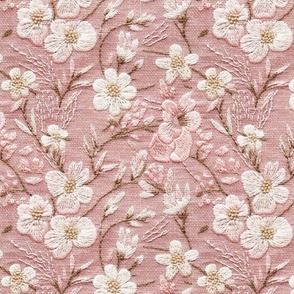 Pretty Pink and White Floral Faux Embroidery on Pink Linen BG - XL Scale