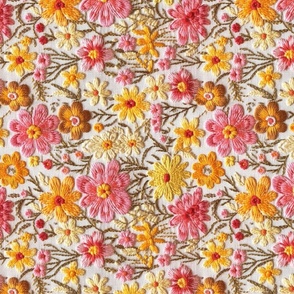 Summer Pink and Yellow Floral Faux Embroidery Beige BG Rotated- Large Scale
